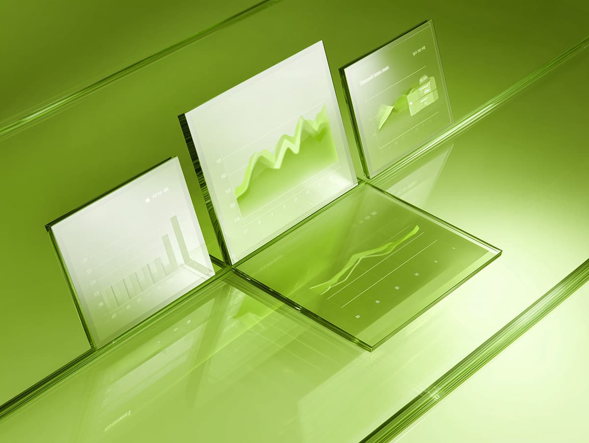 A glass rectangle on an abstract background in green and grey.