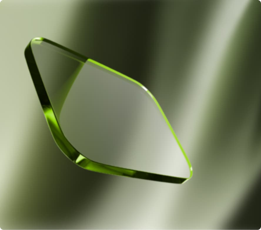 A glass rectangle on an abstract background in green and grey.